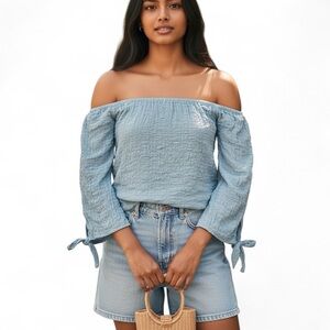 Reformation | Textured Slate Blue Off The Shoulder Crop Top XS Beachy Festival